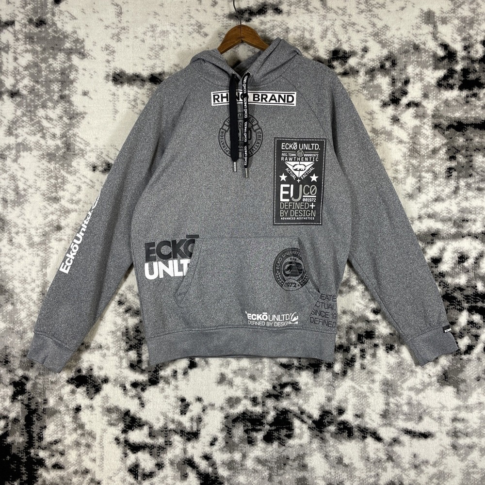 Ecko Unltd All Patched Up Hoodie Sweatshirt Mens Size Medium Gray Skater Grunge
